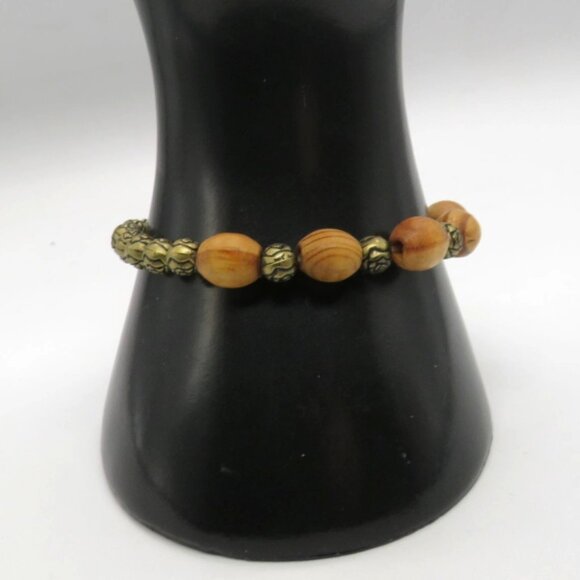 Beaded Bracelet Natural Wood Metal Beads Rose Embellished Brass Tone Stretch - Picture 1 of 5